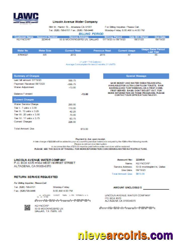 Lincoln Avenue Water Company utility business bill